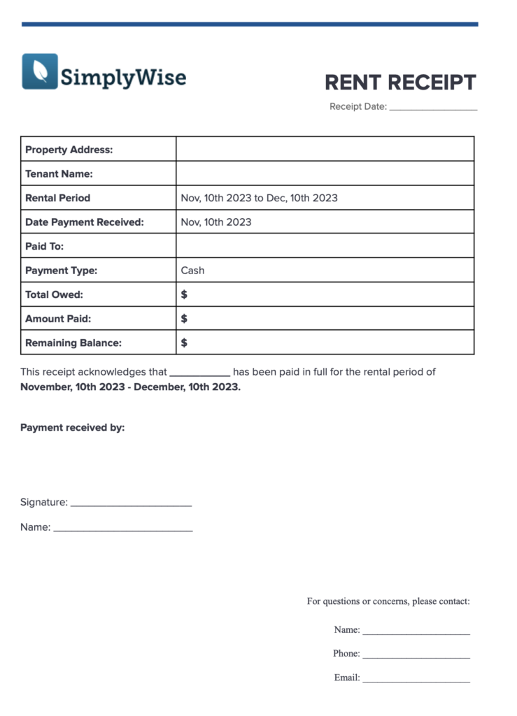 Rent Receipt Template | SimplyWise - SimplyWise